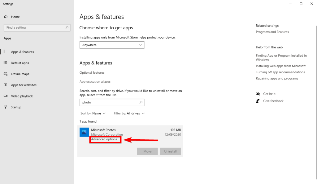 microsoft photos advanced options