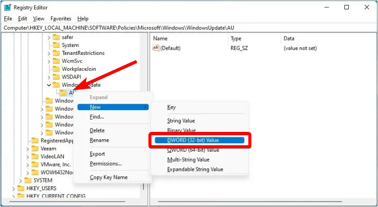 new dword value for windows update key