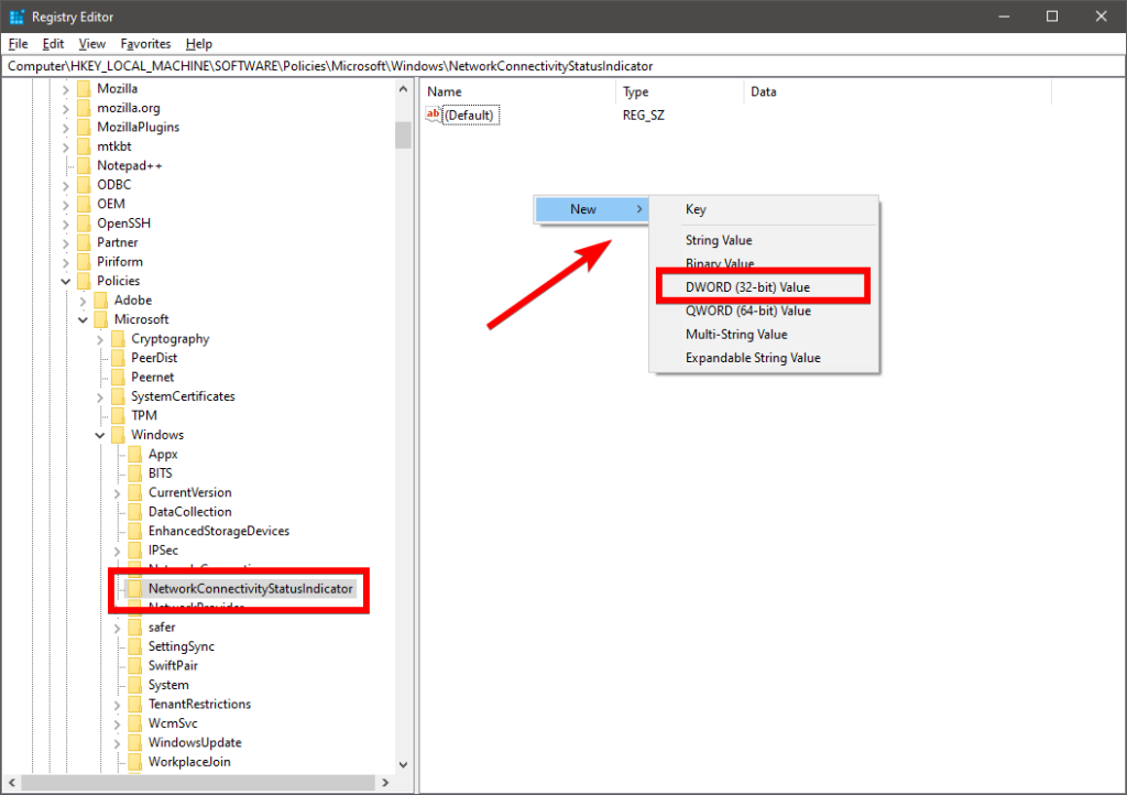 new networkconnectivitystatusindicator dword value
