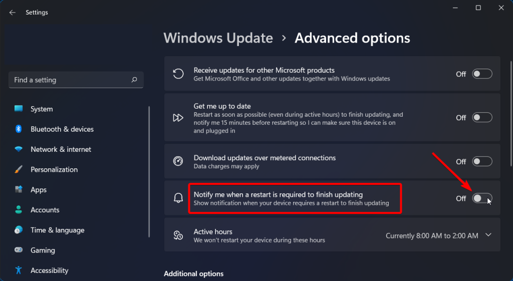 notify me when a restart is required to finish updating windows 11