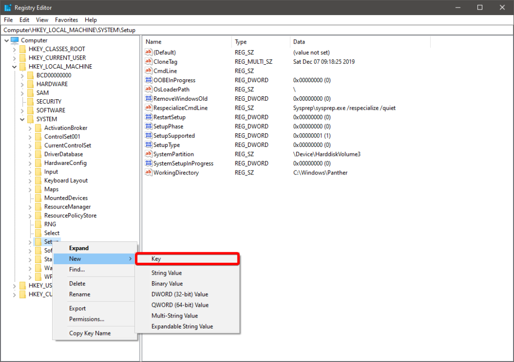 regedit new setup key