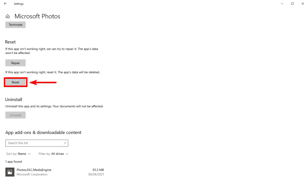 reset microsoft photos