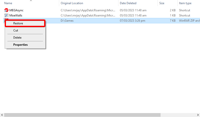 restore deleted files in recycle bin