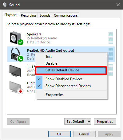 right click on speaker and set default device