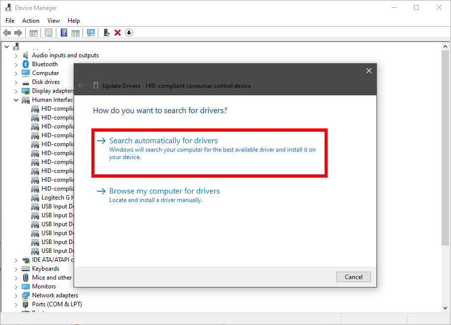 search driver automatically for compliant consumer control device