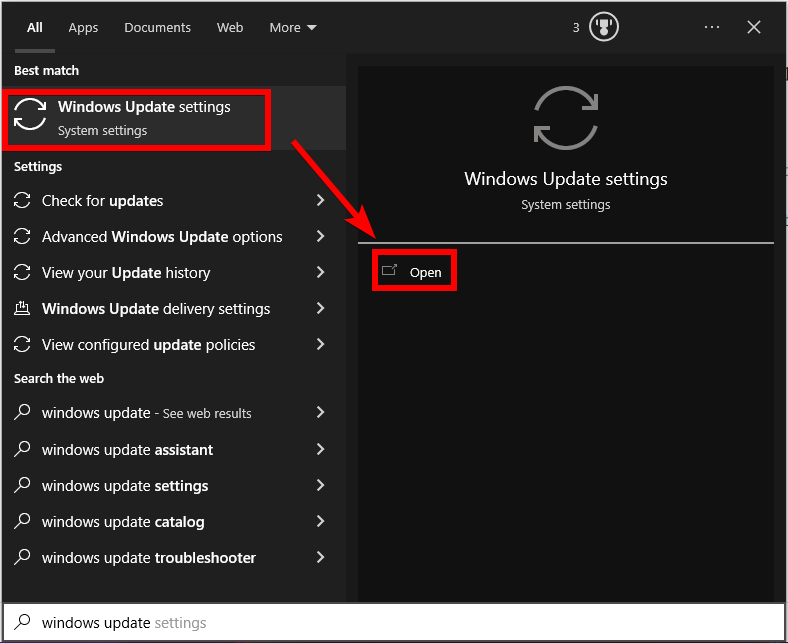 search windows update settings