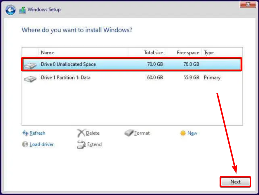 select unallocated space