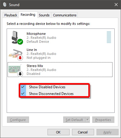 show recording disabled and disconnected devices