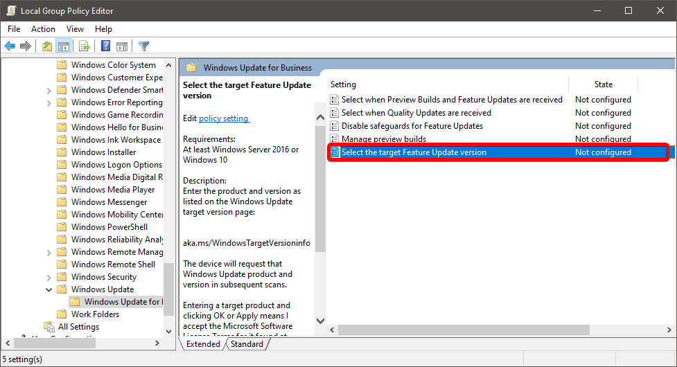 target feature update version policy