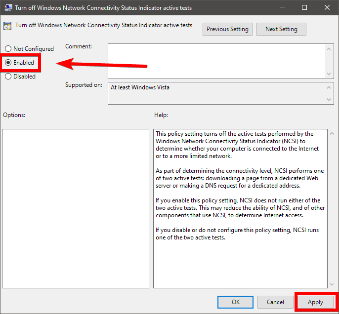 turn off windows network connectivity status indicator active tests